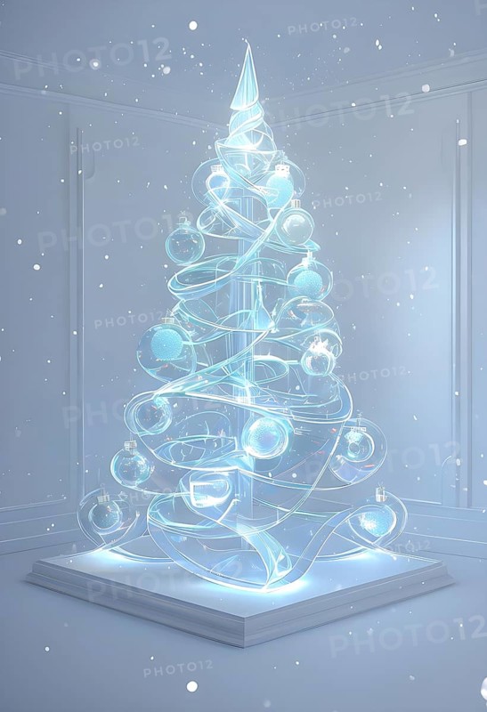 A three dimensional rendering of a futuristic Christmas tree made of glowing, semi-transparent glass, AI generated