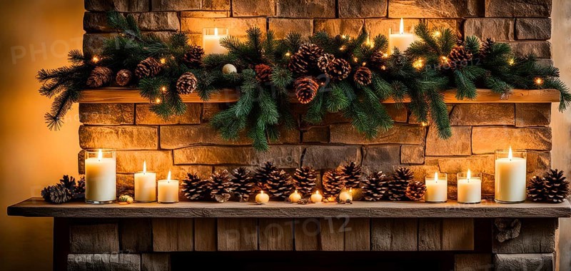 A cozy fireplace mantle decorated with pine cones, garlands, and lit candles, with a close-up focus on a burning candle flame, AI generated