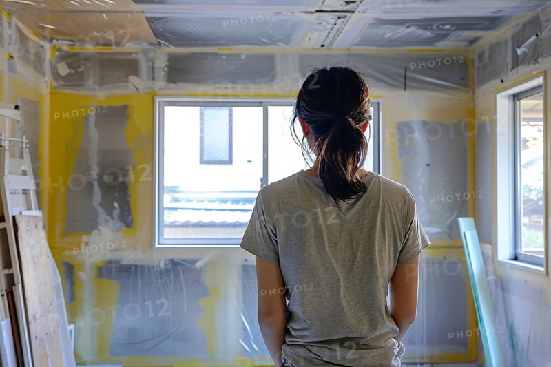 Young woman in apartment or house room with walls in need of renovation. Generative AI, AI generated