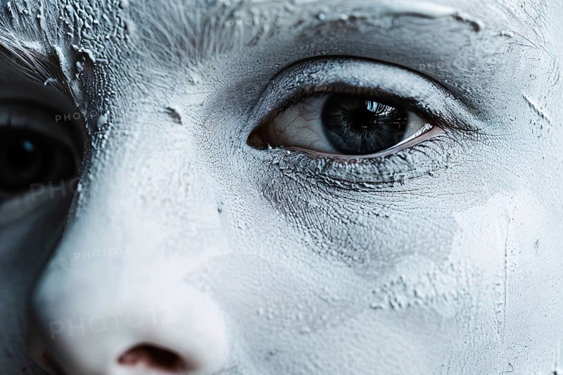 Close up of man's face with spooky pale white ghost Halloween costume face paint. Generative Ai, AI generated
