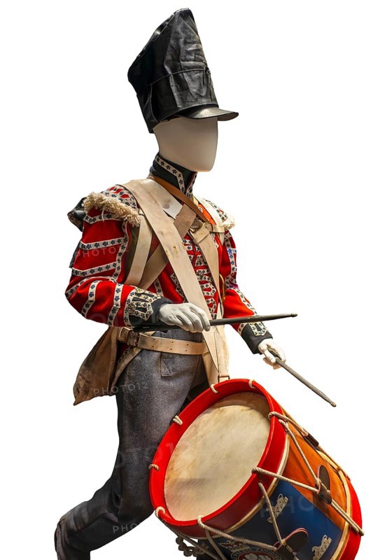British uniform and drum of the Royal Welch Fusiliers used during 1815 Battle of Waterloo, last Napoleonic war at Braine-l'Alleud, Wallonia, Belgium, Europe