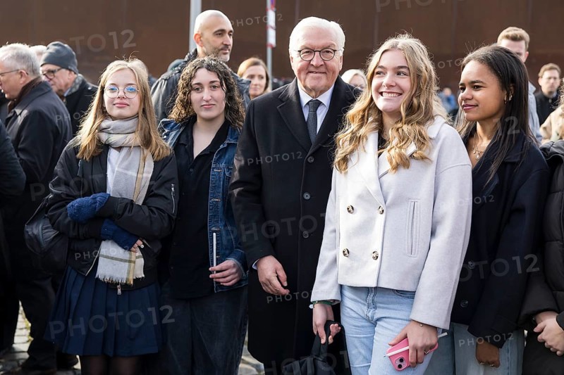 Frank-Walter Steinmeier (President of the Federal Republic of Germany) has his photo taken with schoolgirls at the central commemorative event at the Berlin Wall Memorial to mark the 35th anniversary of the fall of the Wall in Berlin, 9 November 2024