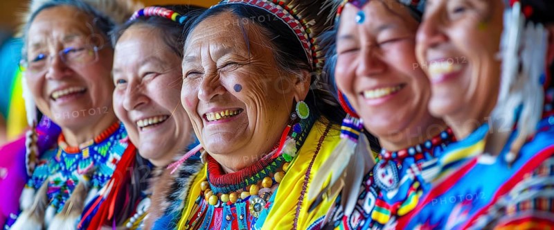 Smiling native indigenous people of Canada dressed in colorful native clothes, AI generated