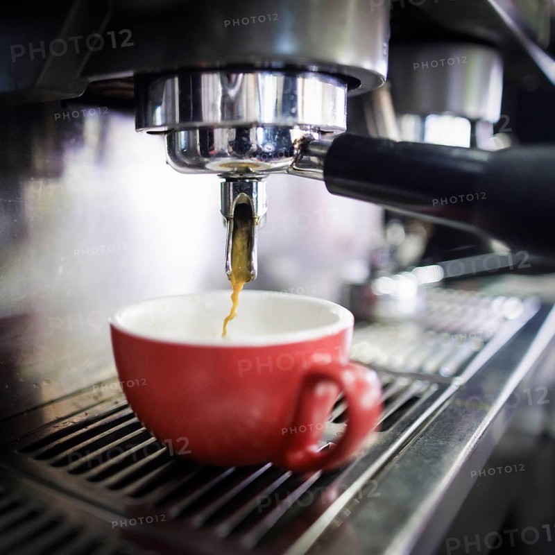Symbol photo on the subject of making coffee. Coffee runs out of a Siebtraeger coffee machine into a cup in a cafe in Berlin, 14/08/2024
