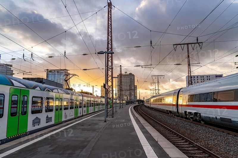 North Rhine-Westphalia, Germany, ICE train leaving Essen main station, regional train arriving, on platform, Europe