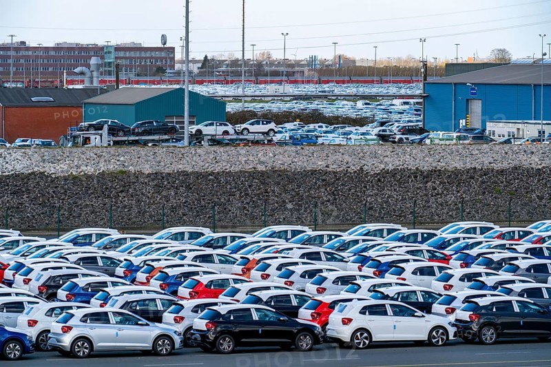 Emden, Cars waiting in the harbour for shipment, VW plant, East Frisia, Lower Saxony