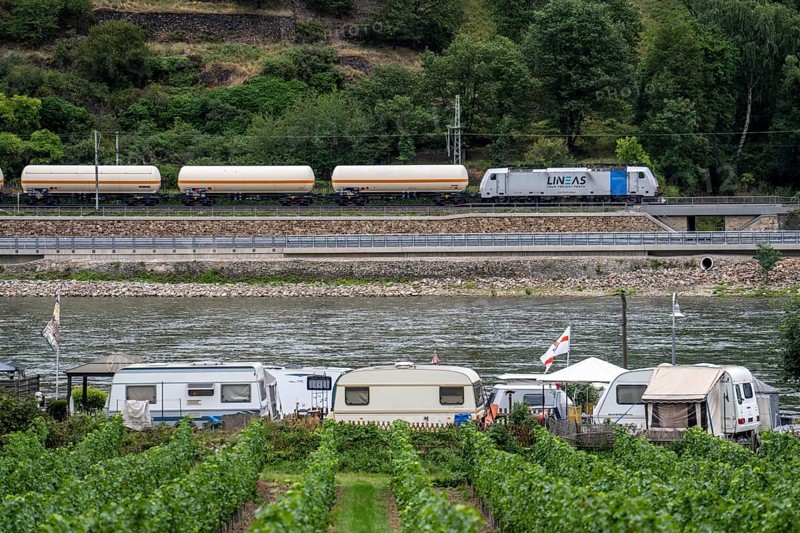 Upper Middle Rhine Valley, north of Bingen, Marienort campsite, goods train on the right bank of the Rhine, Rhineland-Palatinate, Germany, Europe