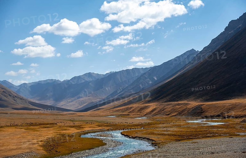 Burkhan valley with blue river, mountain landscape with golden meadows, Terskey Ala-Too, Tien Shan, Issyk Kul province, Kyrgyzstan, Asia