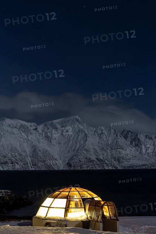 Hotel, Igloo, Lyngen North, moonlight, night shot, snow, Lyngen Alps, Norway, Europe
