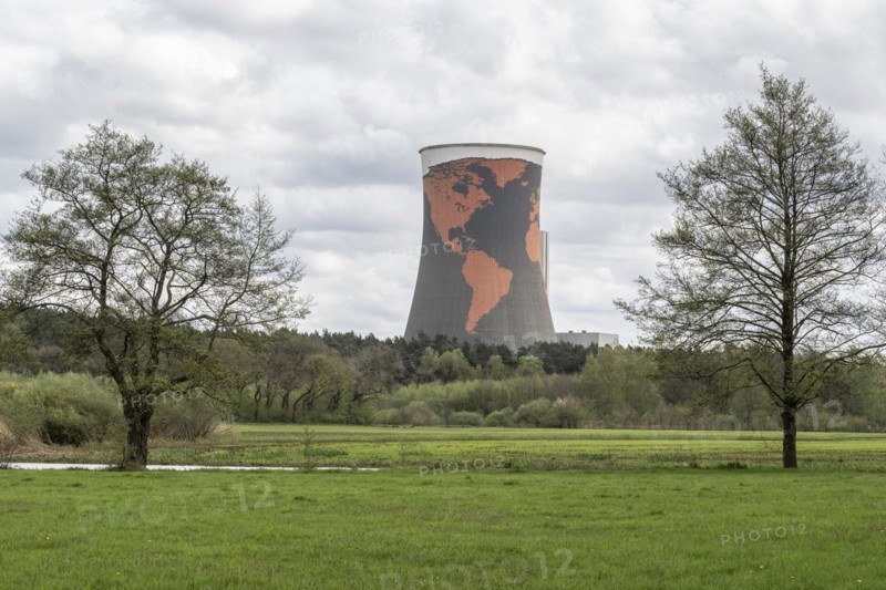 Cooling tower of the former gas-fired power station in Meppen, Emsland, Lower Saxony, Germany, painted with a world map, Europe
