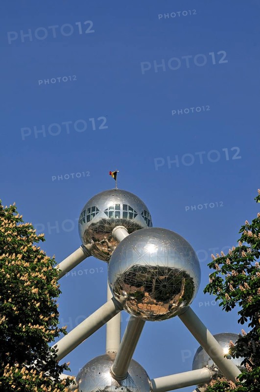 Atomium, built in 1958 for the World Exhibition, uses nine atoms to represent the body-centred cubic elementary cell of an iron crystal structure magnified 165 billion times, Brussels, Belgium, Europe