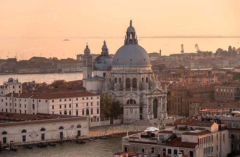 Basilica di Santa Maria della Salute on the Grand Canal at sunset, view from the Campanile di San Marco bell tower, city view of Venice, Veneto, Italy, Europe