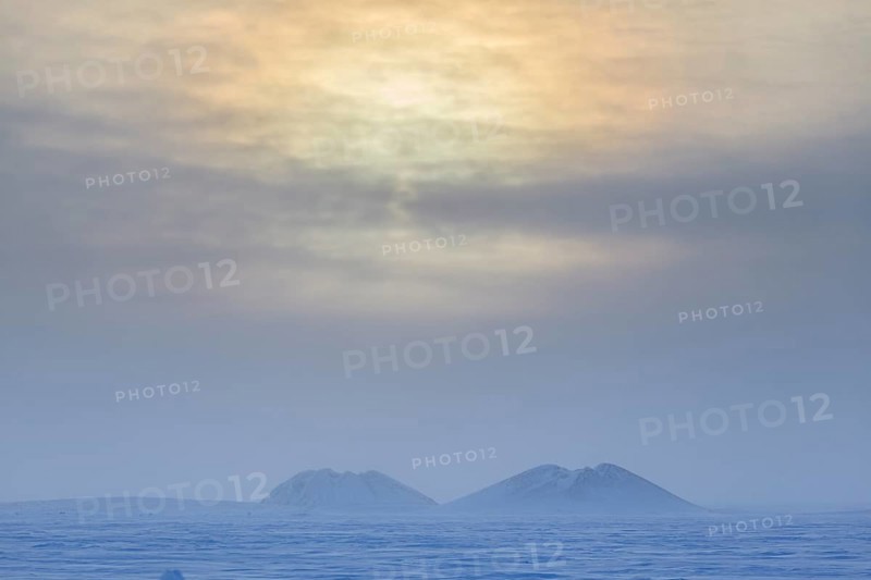 Pingo, mound, permafrost, Arctic, cold, snow, clouds, near Tuktoyaktuk, Northwest Territories, Canada, North America