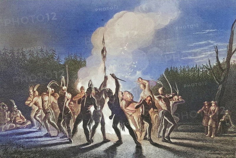 Washington and Fairfax at an Indian war dance 1748. George Washington 1732, 1799 First President of the United States. Thomas Fairfax, 1692, 1781, 6th Lord Fairfax of Cameron, Historical, digitally restored reproduction from a 19th century original, Record date not stated