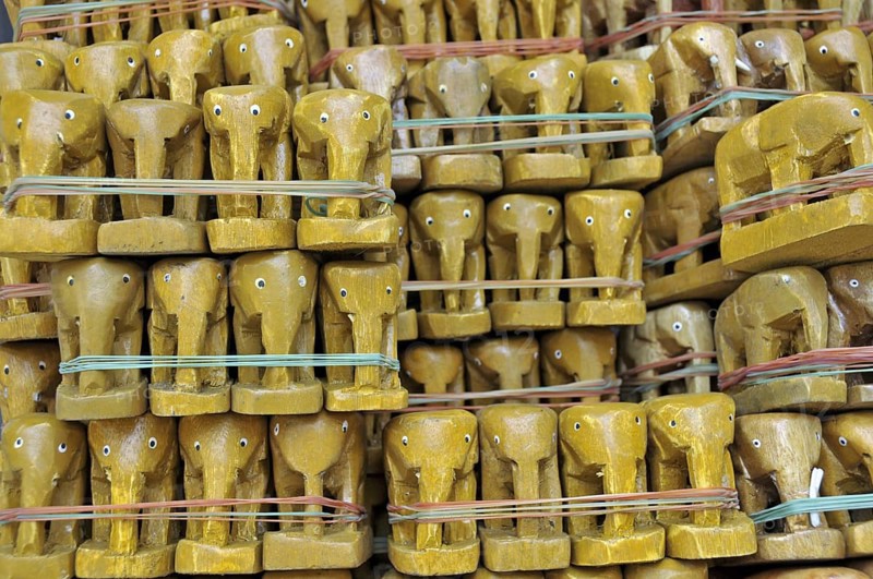 Small teak elephants, Erawan Shrine, Bangkok, Thailand, Asia