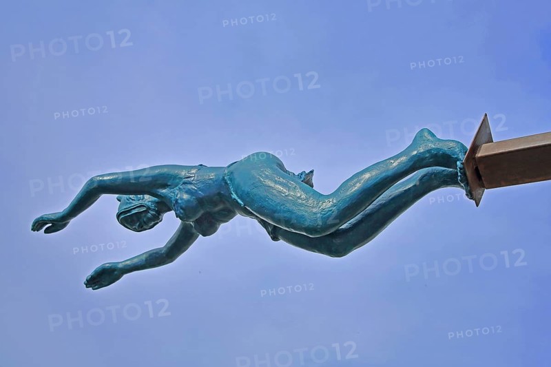 Sculpture Diver by Nicole Brousse over the river La Sorgue, blue, diver, woman, air, header, jump, leap, cut-out, down, view from below, air, arms, up, above, stretched, stretching, L'Isle-sur-la-Sorgue, Vaucluse, Provence, France, Europe