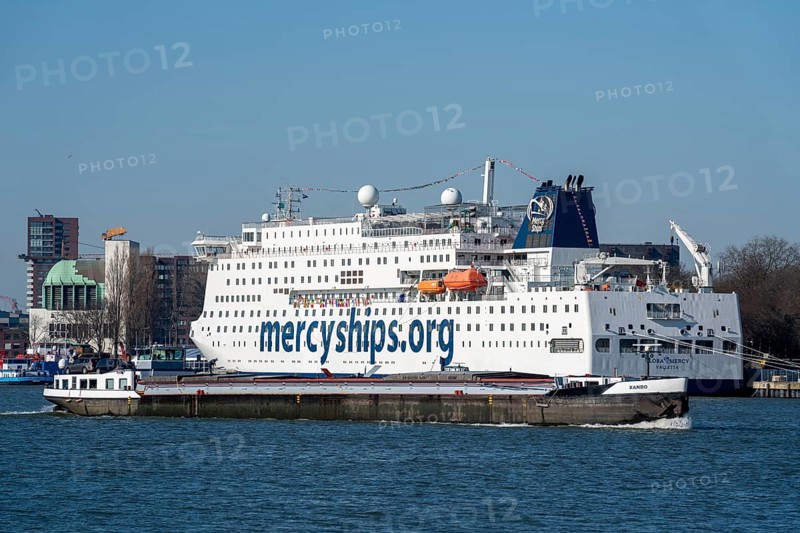 The Global Mercy, hospital ship of the aid organisation Mercy Ships, it is the largest civilian hospital ship in the world, on the Nieuwe Maas, river, in Rotterdam, Netherlands