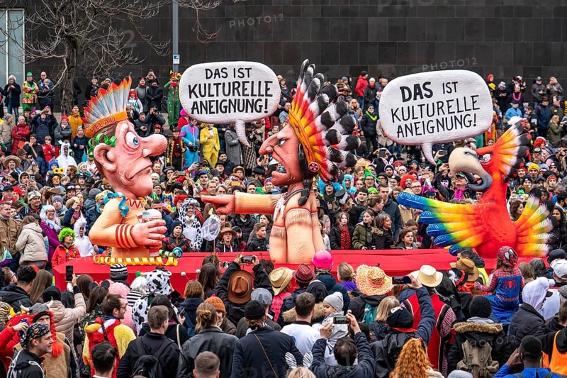 Rose Monday parade in Düsseldorf, street carnival, motif float in carnival, by float builder Jacques Tilly, theme Cultural Appropriations