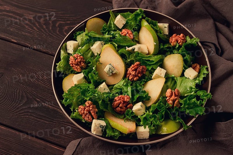 Keto Salad, pear with blue cheese and walnut, selective focus, no people, close-up