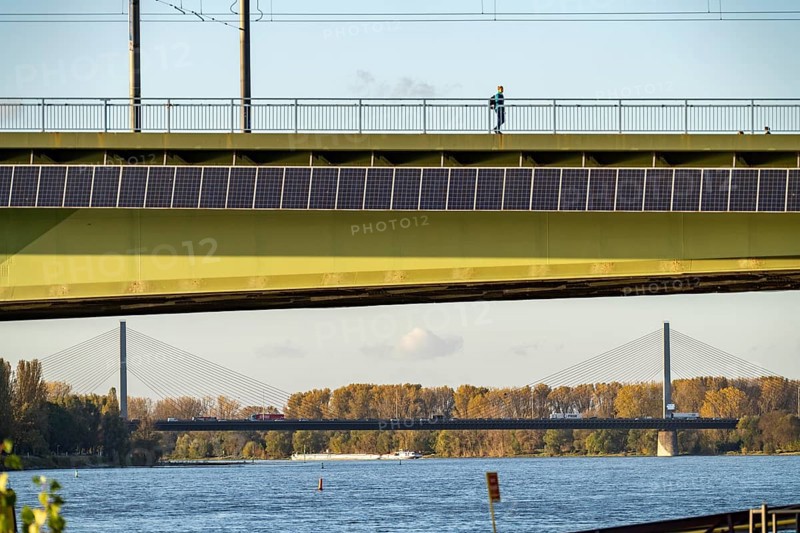 The Kennedy Bridge, the middle of Bonn's 3 Rhine bridges, connects the centre of Bonn and the Beuel district, federal road B56, light rail lines and footpaths and cycle paths, in the background the Friedrich-Eber-Brücke motorway bridge, Bonn North Rhine-Westphalia, Germany, Europe