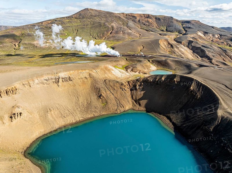 Aerial view of blue lake in the Viti volcano crater at Krafla power plant, Myvatn region, Iceland, Europe