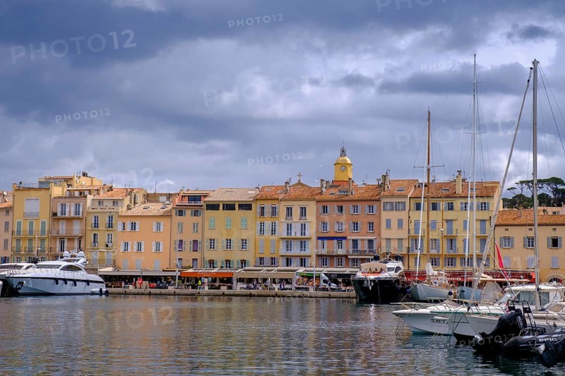 Dark clouds over the harbour of Saint Tropez, Var, French Riviera, Provence-Alpes-Cote d'Azur, Cote d Azur, France, Europe