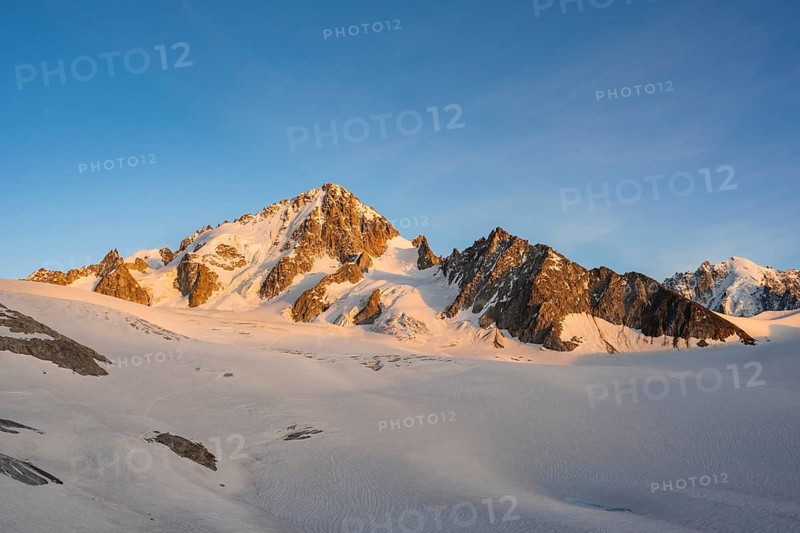 High alpine mountain landscape at sunset, Glacier du Tour, Glacier and mountain peaks in the evening light, summit of the Aiguille de Chardonnet, Chamonix, Haute-Savoie, France, Europe