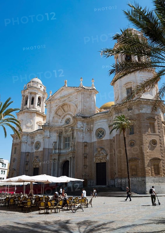 Historic cathedral with surrounding palm trees and café terraces under a clear sky, Catedral de Santa Cruz sobre las Aguas, Cathedral of the Holy Cross above the sea, Plaza de la Catedral, Old Town, Cádiz, Cadiz, Andalusia, Spain, Europe