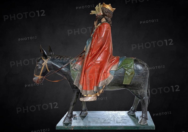Christ on the palm donkey on a dark background, wooden figure from around 1470, Church of St Jodokus, Bad Oberdorf, Oberallgäu, Bavaria, Germany, Europe