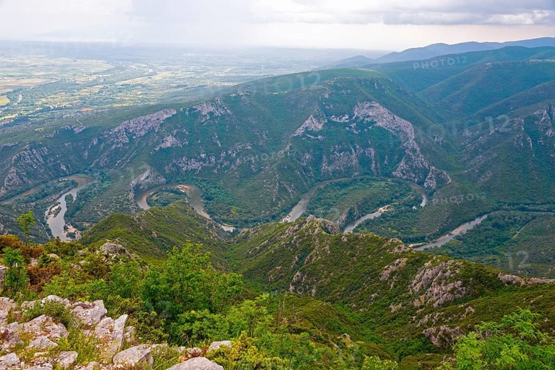 Breathtaking view of a river bend surrounded by a green mountain landscape, River Nestos or Mesta, Nestos Gorge, Galani, Macedonia and Thrace, Greece, Europe