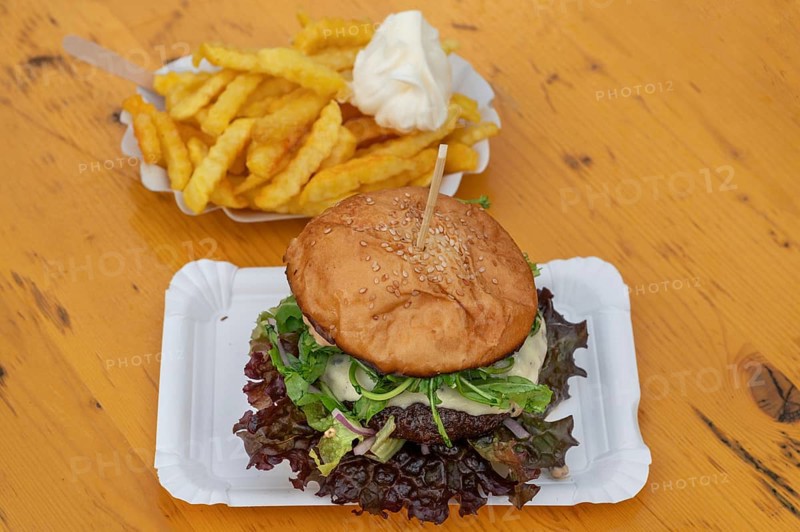 Big Mac and French fries with mayonnaise, on a wooden table, Bavaria, Germany, Europe