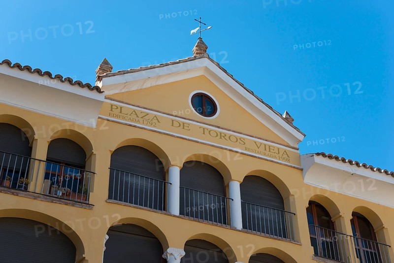Close-up of the façade of the Plaza de Toros with inscription and balconies, bullring, Plaza de Toros Vieja, Zaragoza, Aragon, Spain, Europe
