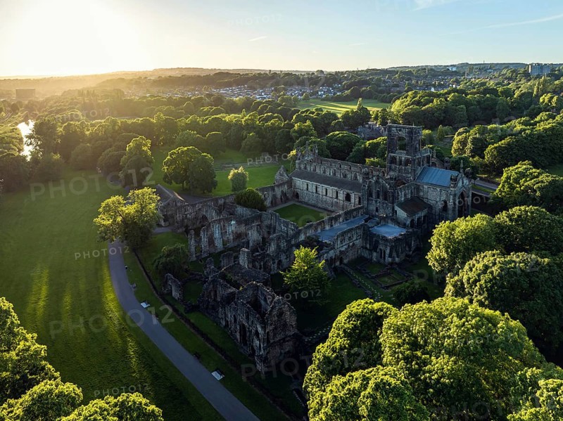 Kirkstall Abbey from a drone, Kirkstall, River Aire, Leeds, West Yorkshire, England, United Kingdom, Europe