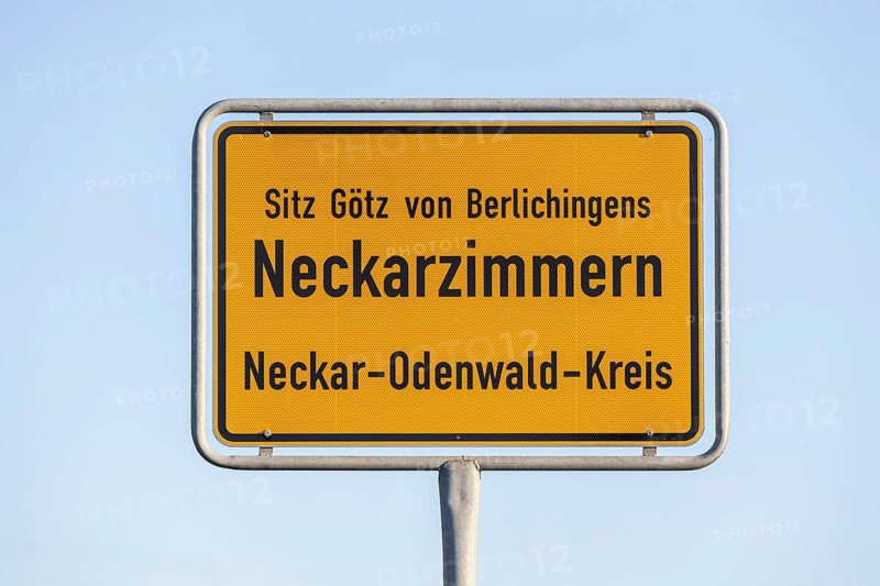 Town sign of Neckarzimmern in the Neckar-Odenwald district. The municipality has had an addition on the town sign since 2023: Seat of Götz von Berlichingen. Neckarzimmern, Baden-Württemberg, Germany, Europe