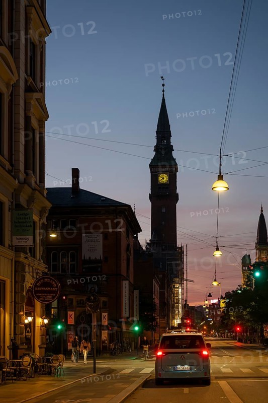 Vester Voldgade, tower, town hall in national romantic style by Martin Nyrop, evening, Copenhagen, Denmark, Europe
