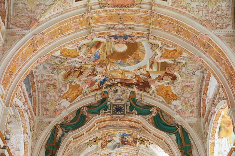 Fresco cycle, ceiling frescoes, interior of the Cistercian abbey church Fürstenfeld in Fürstenfeldbruck, Upper Bavaria, Bavaria, Germany, Europe