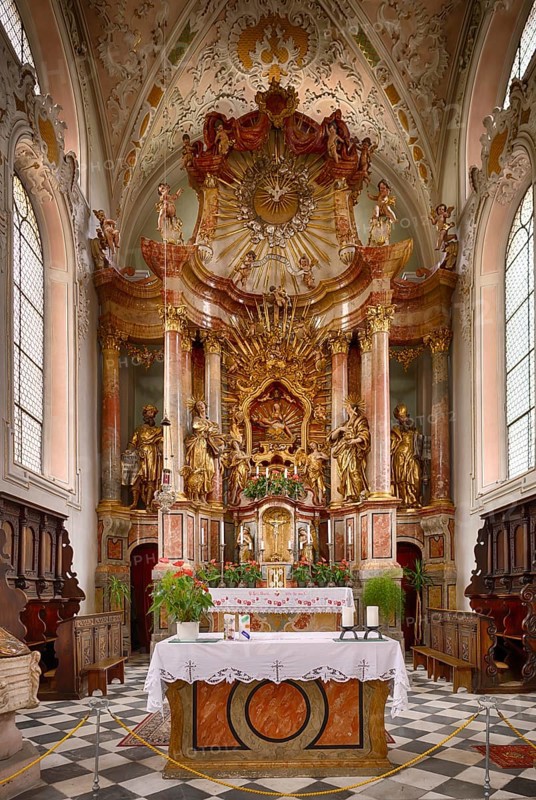 Interior view, high altar with miraculous image in the centre, pilgrimage church Parish Church of Our Lady of Sorrows, Riffian, Rifiano, South Tyrol, Autonomous Province of Bolzano, Italy, Europe