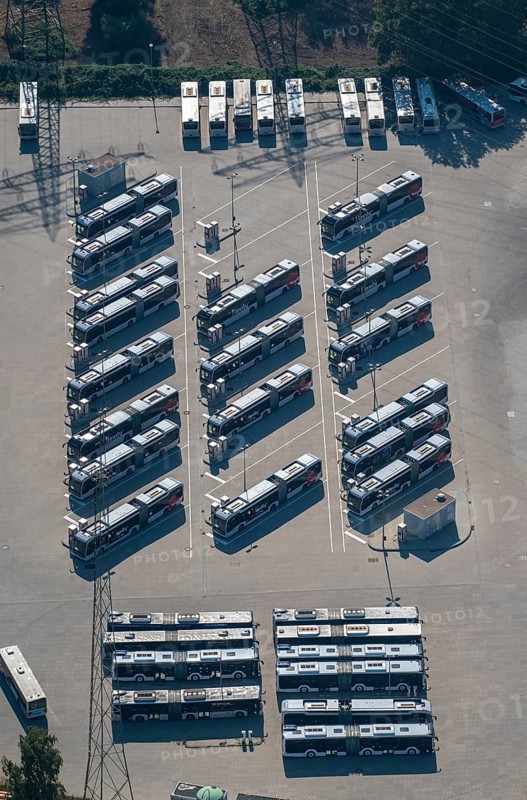 Aerial view, bus parking, public transport, depot, charging station, bus, electric, e-buses, car park, Bergedorf, Hamburg, Germany, Europe