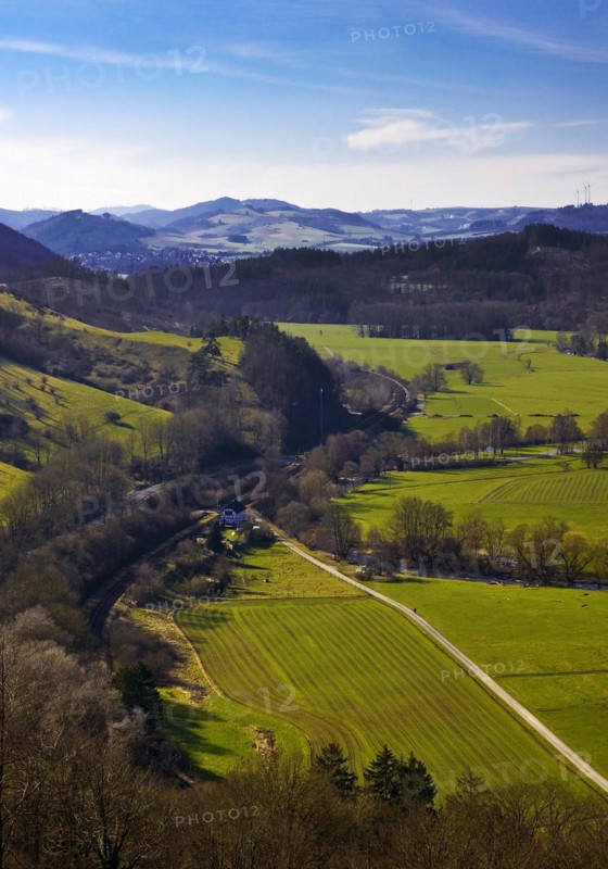 View from the Calvary into the Lower Diemel Valley, Marsberg, Sauerland, North Rhine-Westphalia, Germany, Europe