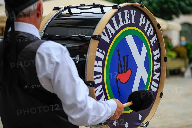 Big drum by bagpipers, bagpipe orchestra, pipe concert, Sigmaringen, Baden-Württemberg, Germany, Europe