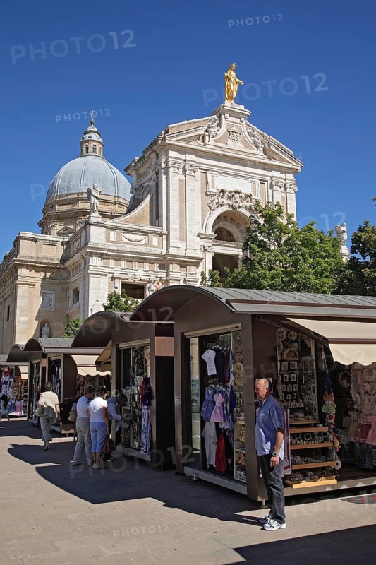 Souvenir stand at Santa Maria degli Angeli, Our Lady of the Angels, basilica below Assisi, built around the Portiuncula Chapel and the chapel where St Francis of Assisi died, Umbria, Italy, Europe