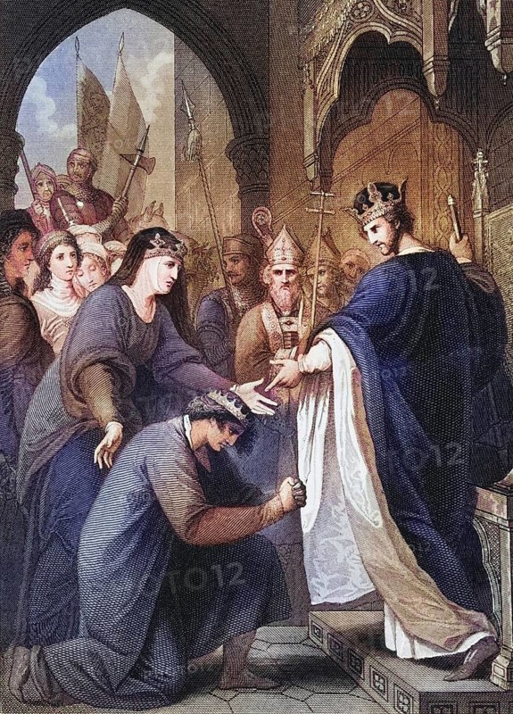 John submits to his brother King Richard I while their mother Eleanor of Aquitaine looks on. From The National and Domestic History of England by William Aubrey, published in London around 1890, Historical, digitally restored reproduction from a 19th century original, Record date not stated