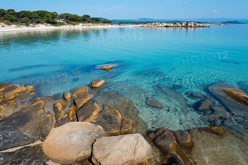Quiet coast with turquoise water and rocky beach, Karidi beach, Karydi, Vourvourou, Sithonia, Halkidiki, Central Macedonia, Greece, Europe
