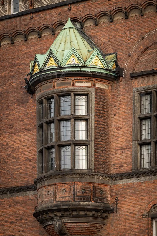 Brick façade, bay window, town hall in the National Romantic style by Martin Nyrop, Town Hall Square, Rathausplatz or Rådhuspladsen, Copenhagen, Denmark, Europe