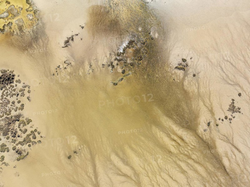 Marshland at low tide. Nature Reserve La Breña y Marismas del Barbate. Aerial view. Drone shot. Cádiz province, Andalusia, Spain, Europe