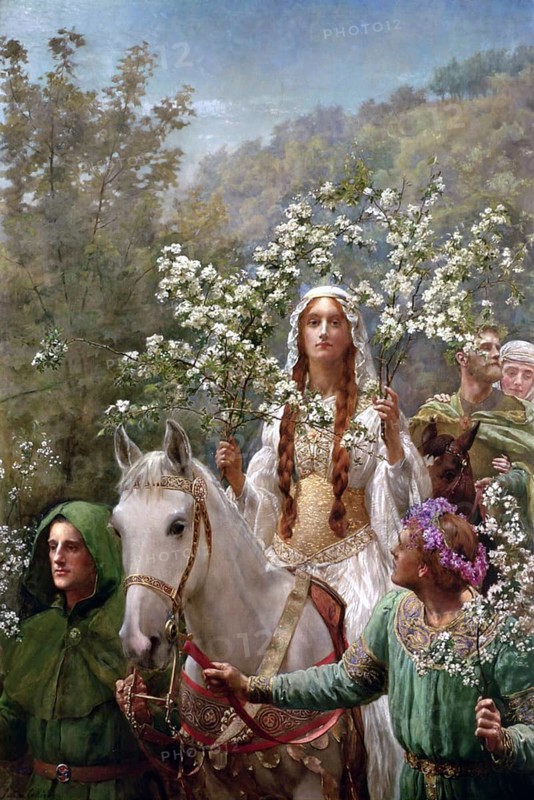 A woman in medieval dress rides a white horse holding flowering branches, surrounded by people in green cloaks in a natural landscape. Queen Guinevre's maving, Queen Guinevre's outing on horseback, Arthurian legend the woman of King Arthur and the lover of the knight Lancelot, Painting by John Maler Collier (28 January 1850, 11 April 1934), British writer and painter, Historical, digitally restored reproduction from a 19th century original, Record date not stated