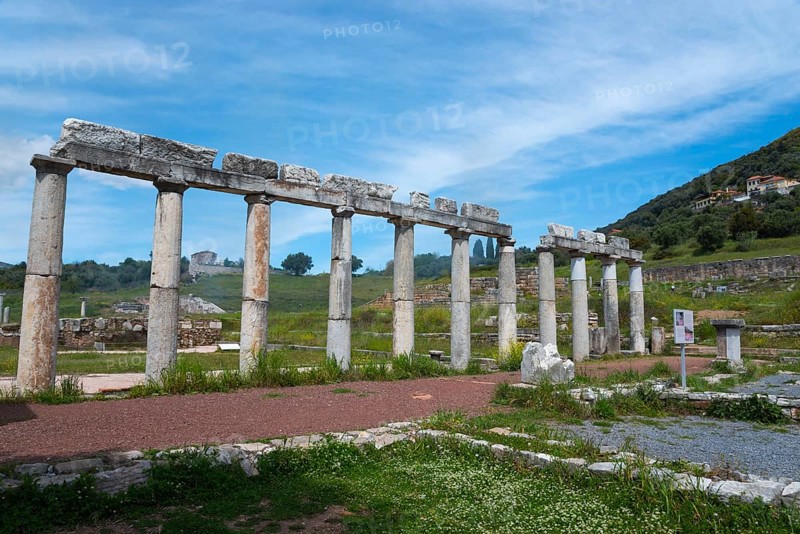 A row of ancient columns against a mountain backdrop bears witness to a bygone civilisation, Messene, ancient Greek polis, Messini, Messenia, Peloponnese, Greece, Europe