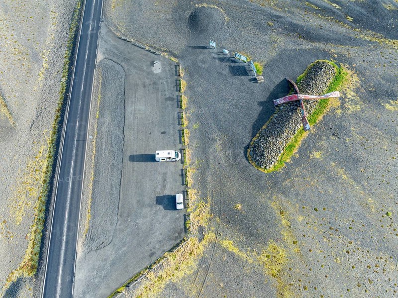 Aerial view of the Skeidara Bridge Monument viewpoint, large metal parts of the bridge that was destroyed by the 1996 glacier run, glacier Skaftafelljokull and Svinafellsjokull, Iceland, Europe
