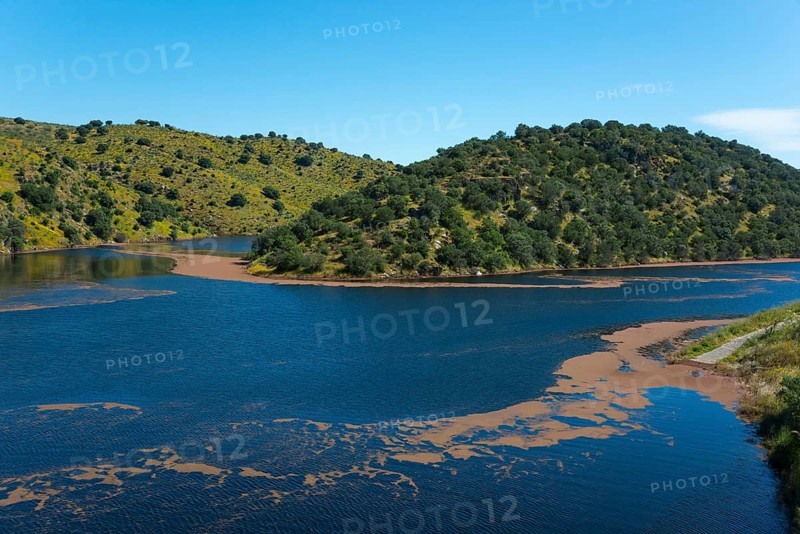 Expansive lake surrounded by wooded hills and clear skies, reservoir, Tagus River, Tagus River, Monfragüe National Park, Cáceres, Caceres, Extremadura, Spain, Europe