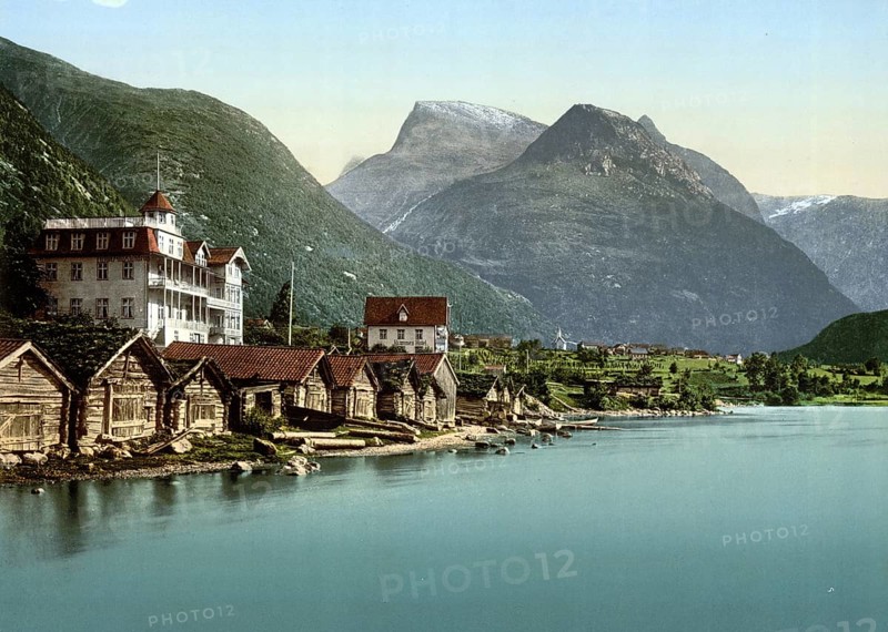 Loen, in the municipality of Stryn in the Norwegian province of Vestland Nordfjord, Norway, View from 1885, Historical, digitally restored reproduction from a 19th century original, Record date not stated, Europe